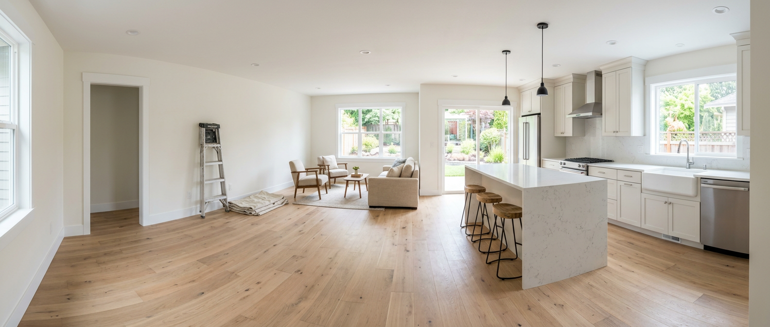 Panoramic view of a freshly completed home interior remodel with new hardwood flooring, quartz kitchen island and painted trim in natural daylight
