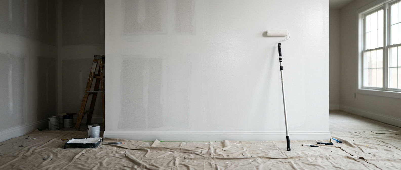 Panoramic freshly primed interior wall with a paint roller on an extension pole resting against it above a canvas drop cloth