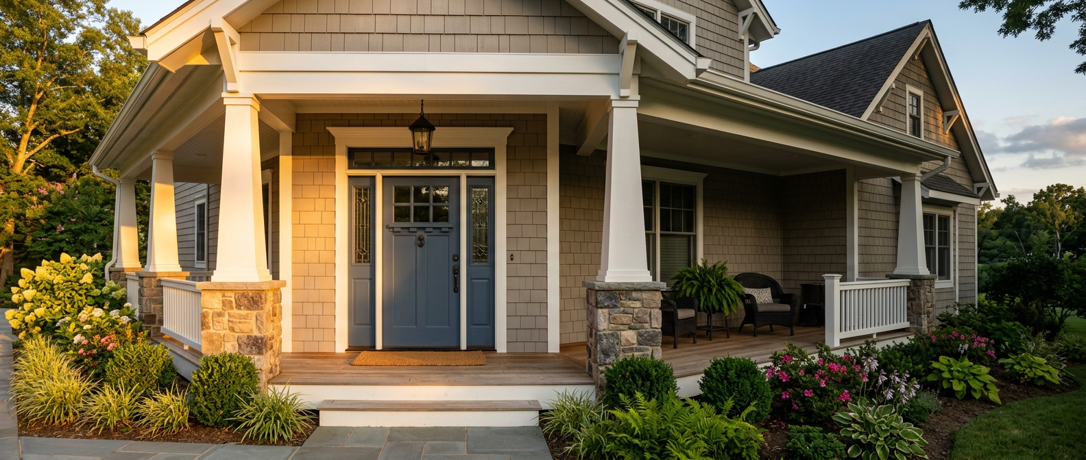 Panoramic craftsman home front porch with a blue entry door, stone columns and landscaped beds in golden hour sunlight