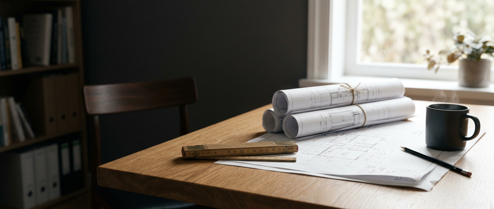 Panoramic remodeling planning desk with rolled blueprints, a folding wooden carpenter ruler and a coffee mug in window light