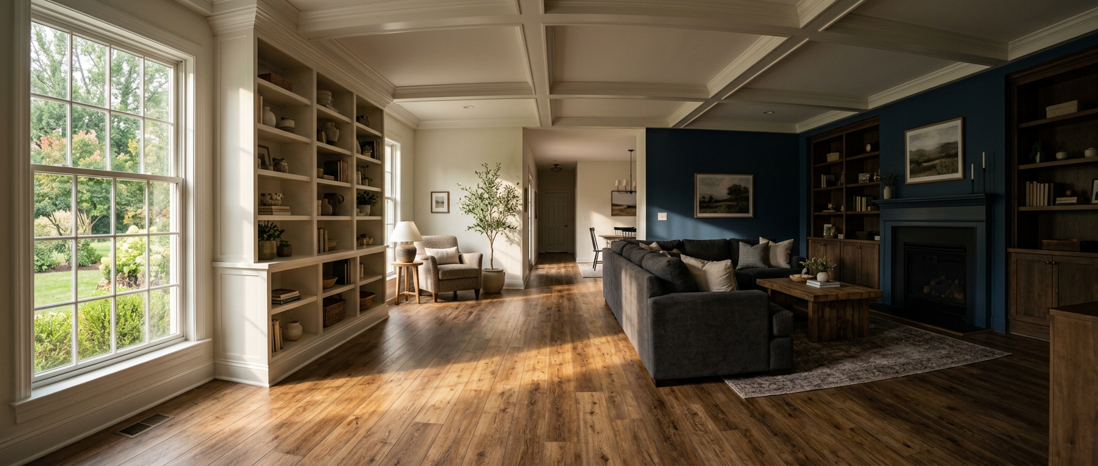 Panoramic remodeled living room with wood-look plank flooring and custom built-in shelving in natural window light