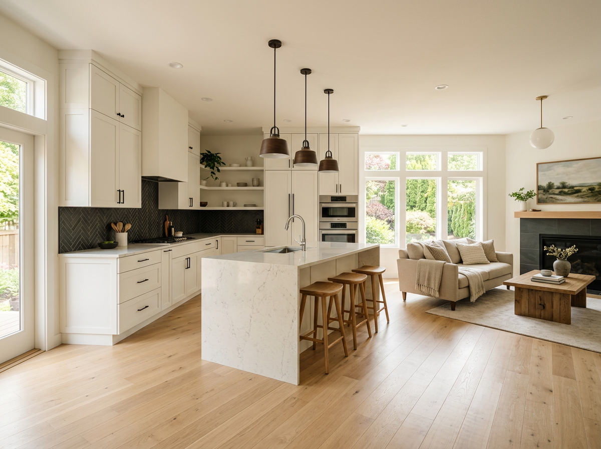Freshly completed open-plan kitchen and living remodel with white shaker cabinetry, quartz island and oak flooring in natural daylight