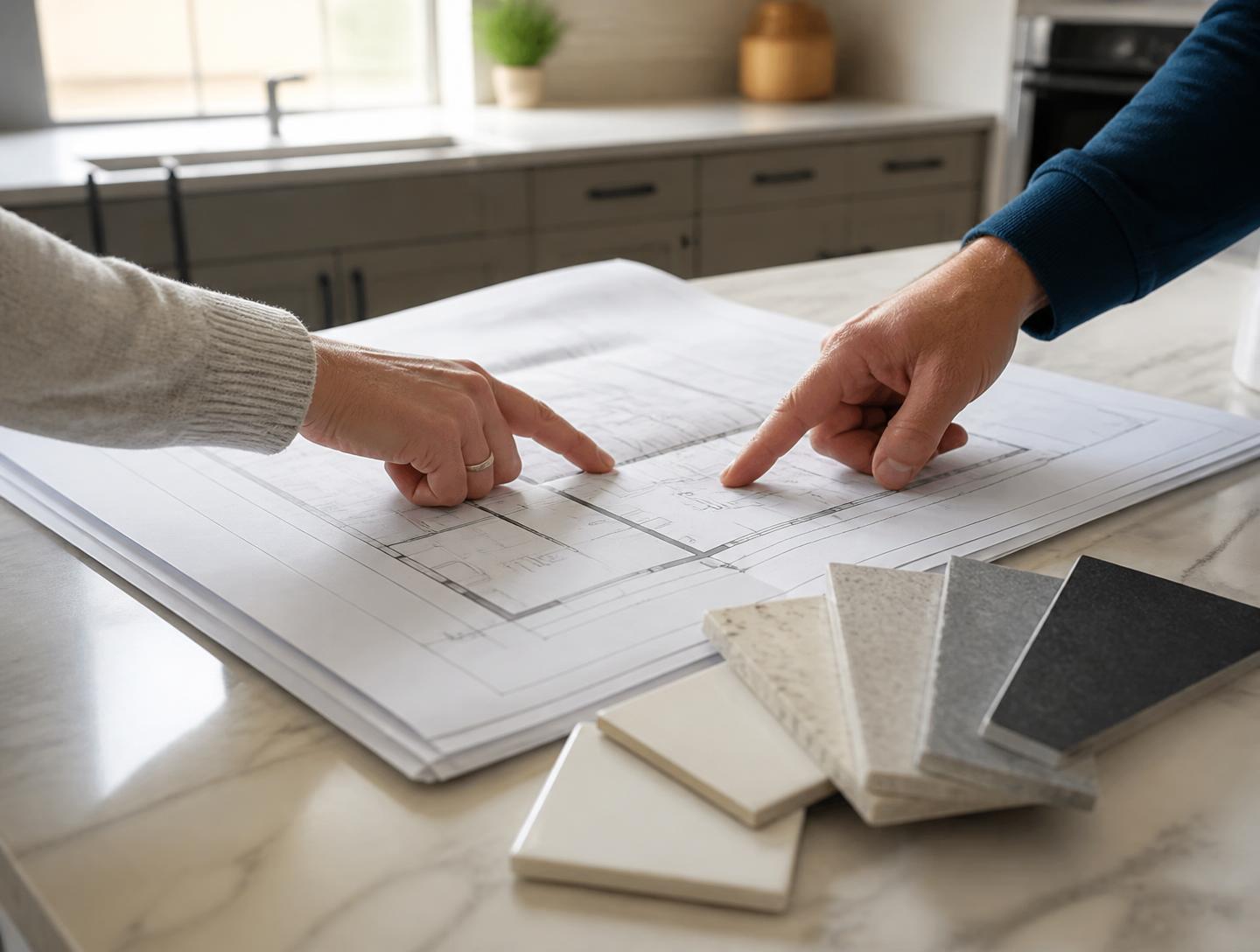 Homeowner and construction estimator pointing at renovation blueprints and quartz and tile material samples on a marble kitchen counter in natural light