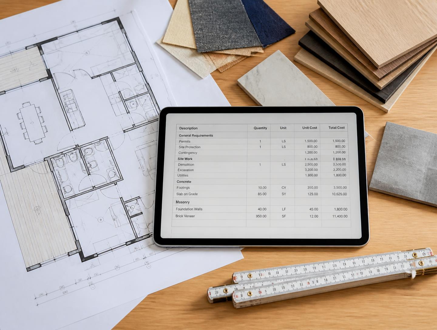 Architectural floor plans, wood and tile finish samples and a tablet showing an itemized remodeling estimate beside a folding ruler on a wooden table