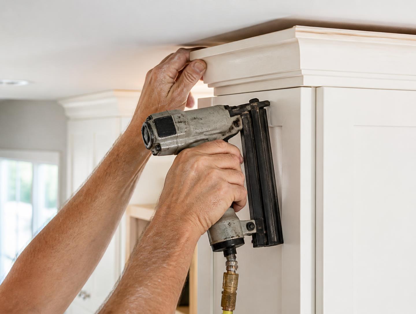 Carpenter using a brad nailer to fasten crown trim to white shaker cabinetry in a bright modern renovated kitchen
