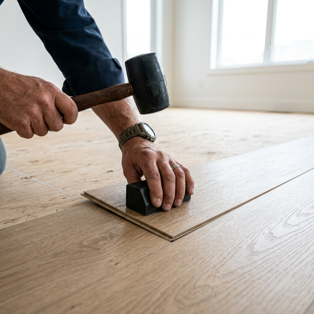 Installer using a tapping block and rubber mallet to lock a wood-look luxury vinyl plank into place in an empty living room