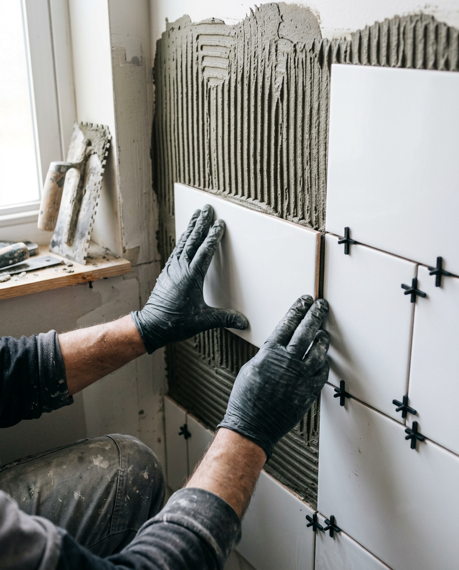 Contractor's hands pressing a white subway tile into thinset on a kitchen backsplash above a quartz countertop with a notched trowel nearby
