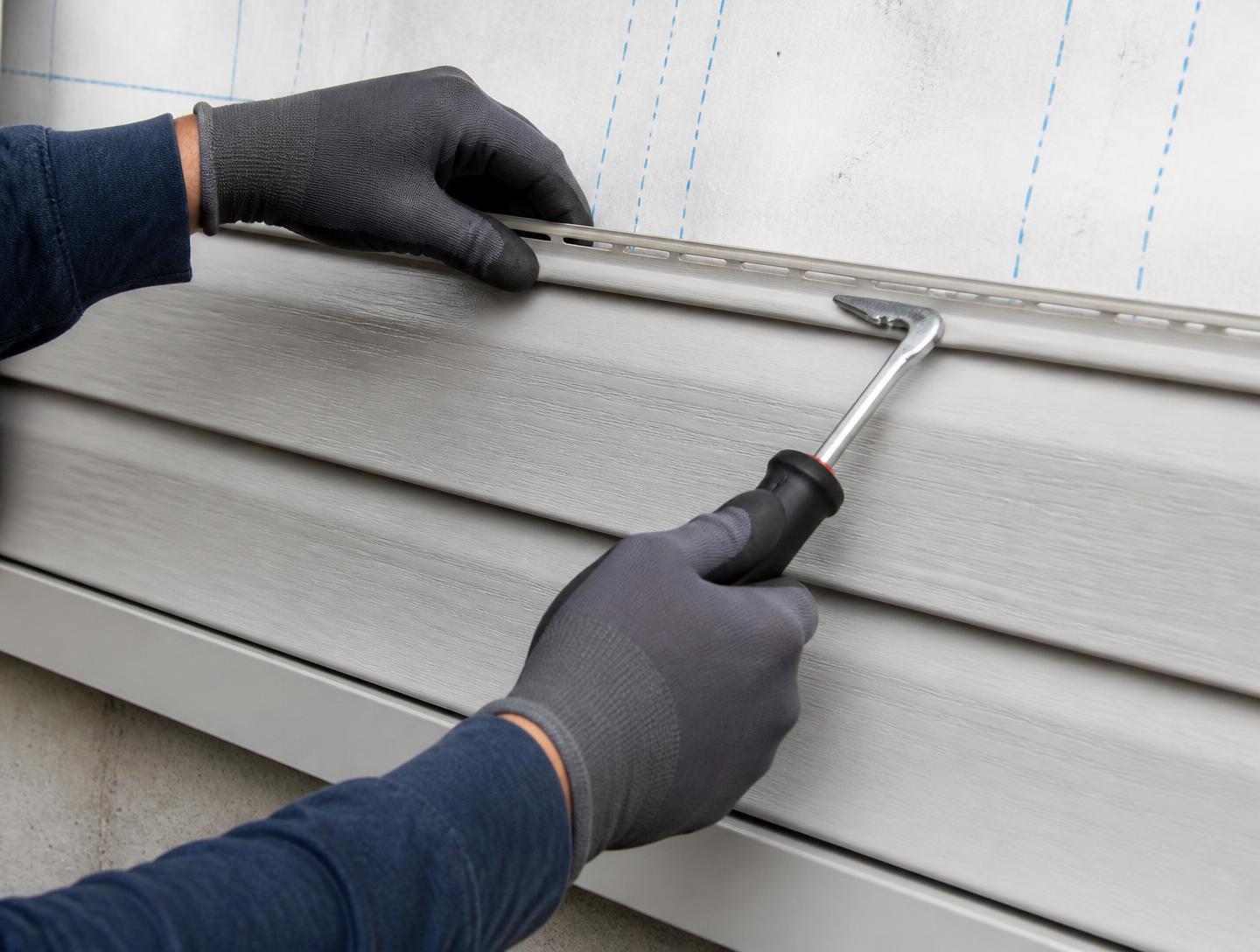 Installer locking a light grey vinyl siding panel onto a starter strip with a siding snap-lock tool on a house exterior