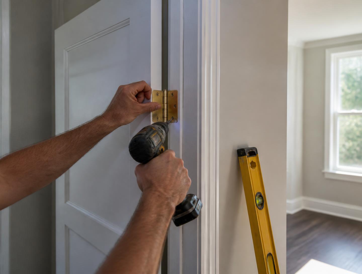Carpenter fastening a brass hinge on a new white interior door with a cordless drill next to a yellow spirit level