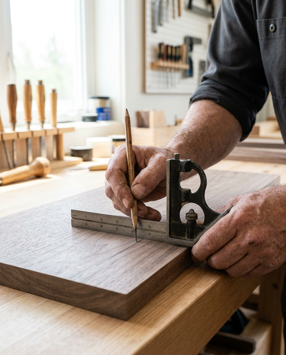 Weathered craftsman's hand measuring dark hardwood with a precision caliper in a professional wood workshop