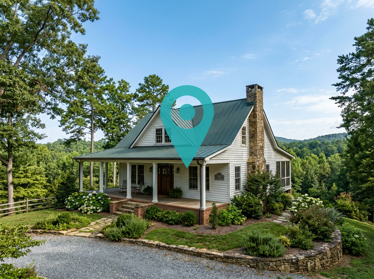 Low-angle view of a classic well-maintained Lenoir North Carolina residential home under a clear blue sky with a teal map pin