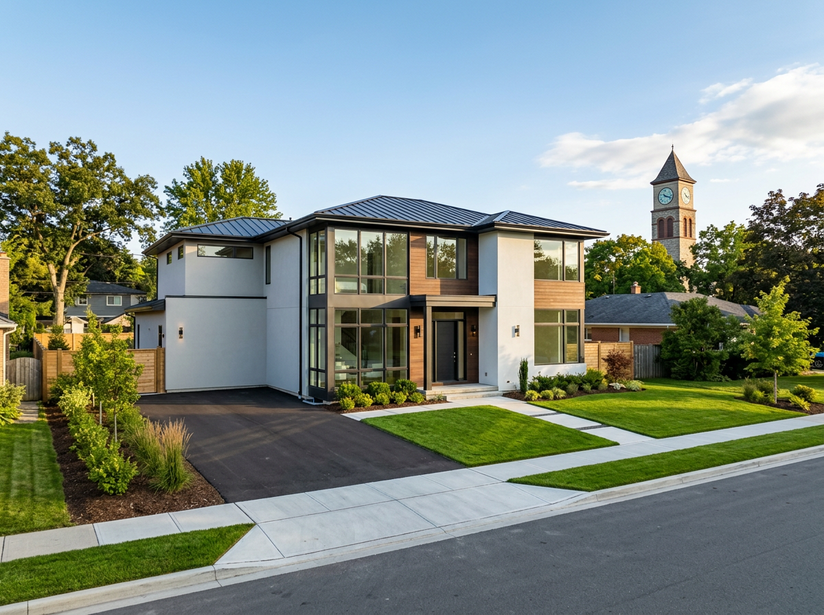 Freshly completed modern home exterior with spotless landscaping and a clock tower in the background at golden hour