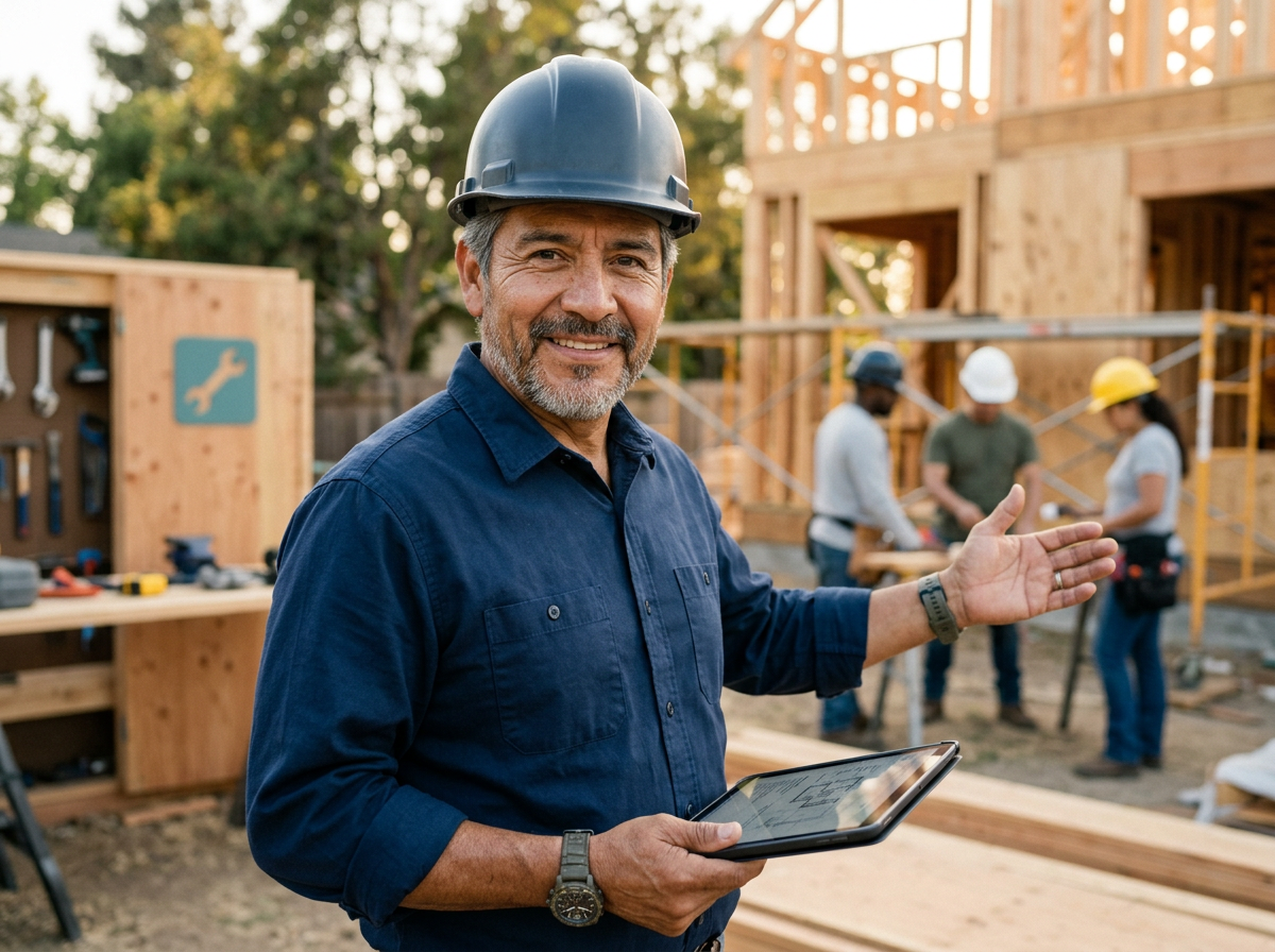 Experienced remodeling contractor in a clean work shirt holding a digital tablet on a tidy active construction site