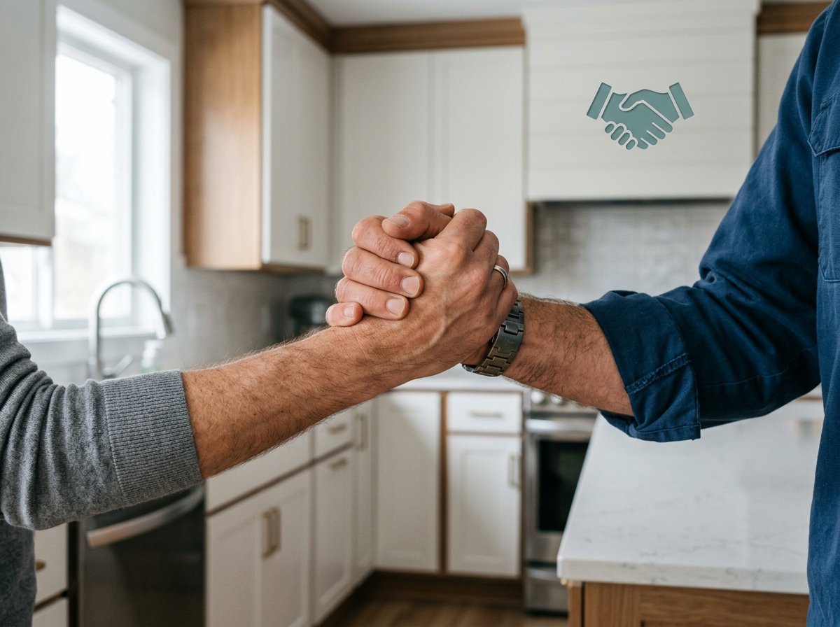 Close-up handshake between a contractor and a homeowner in front of a spotless newly renovated kitchen